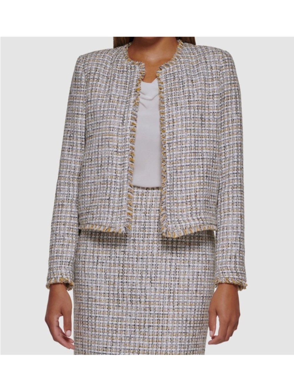 Calvin Klein Cream Multicolor Tweed Collarless Blazer & Skirt Suit Set